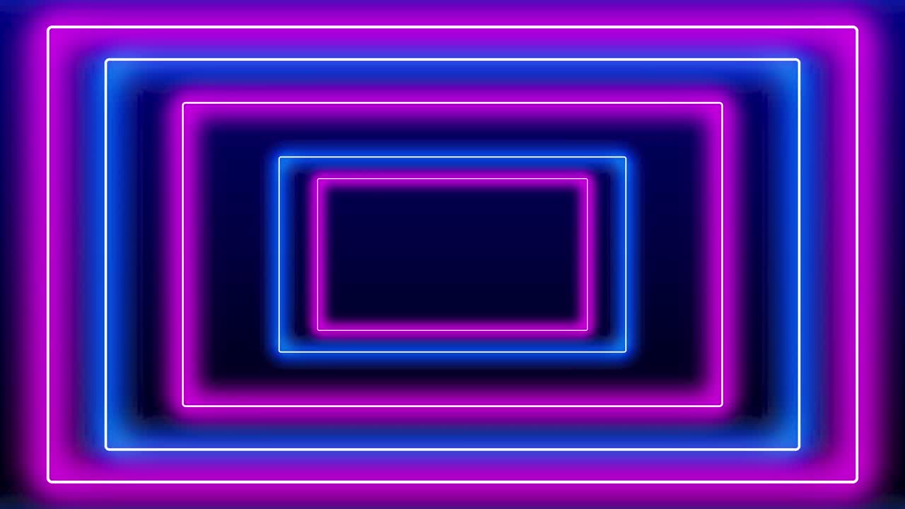 Loop av elektriskt neonljus, färgglad blårosa fyrkantig rektangulär ram med rörelseeffekt. Futuristisk disco techno 3D-loop blårosa laserljusram scen sömlös loopbakgrund