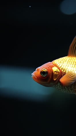 bright goldfish swimming in clear water. a vibrant goldfish gracefully swims through clear, illuminated water, showcasing its colorful fins and scales.