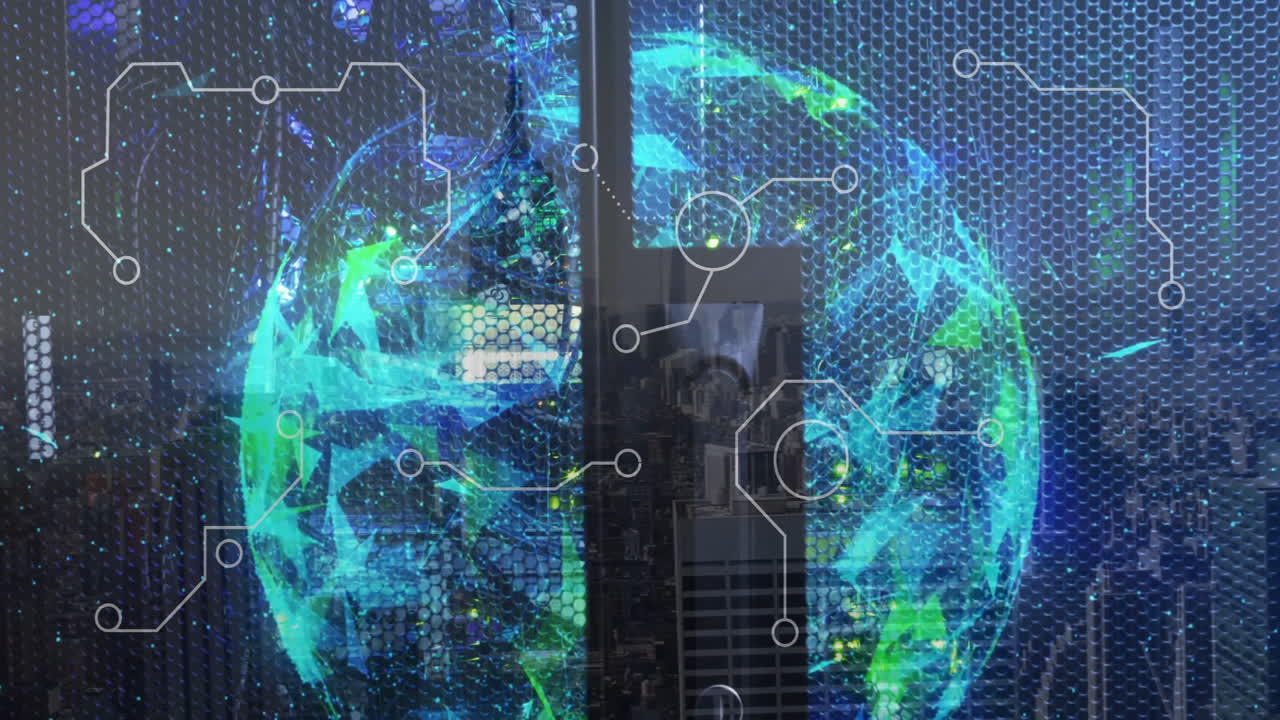 Digital network connections and data processing animation over globe in blue and green