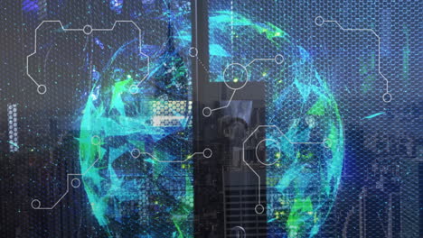 digital network connections and data processing animation over globe in blue and green