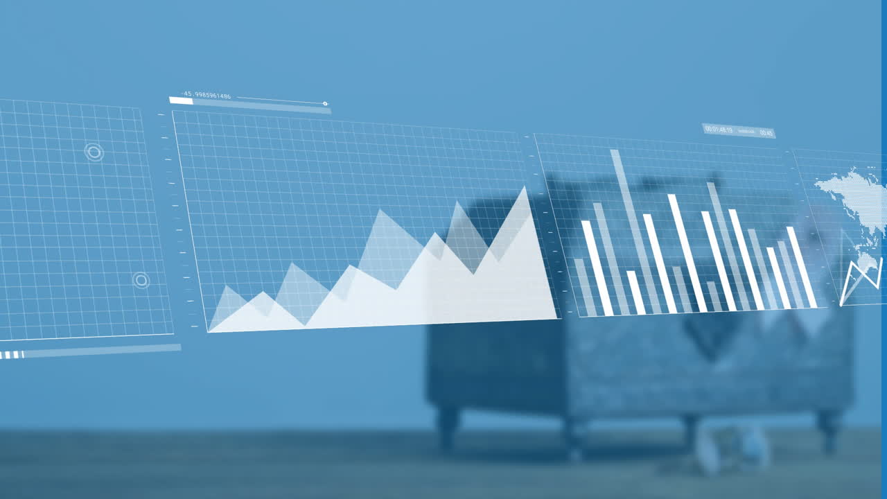 파란색 배경의 상자 위에 금융 데이터 처리의 애니메이션