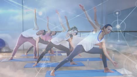 animation of data processing over group practicing yoga, meditating