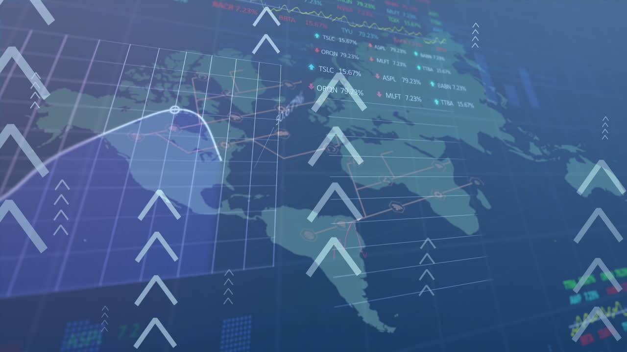 animación del procesamiento de datos financieros sobre el mapa del mundo