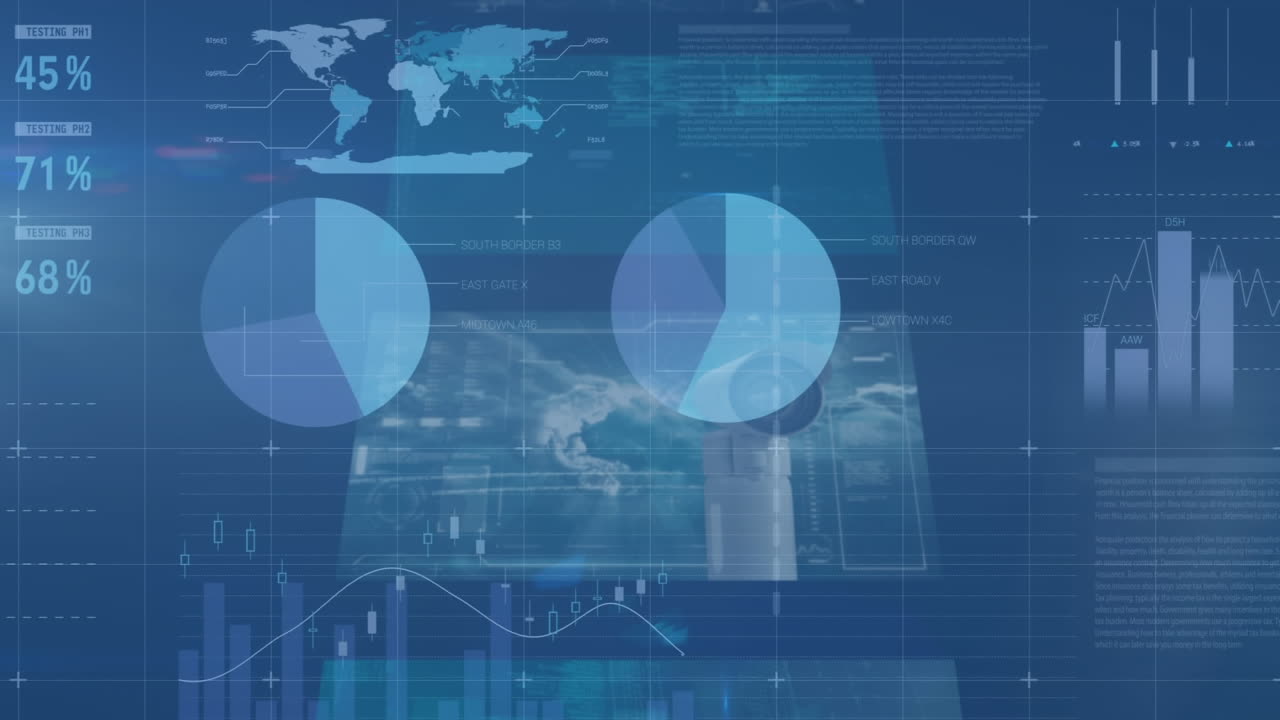 Animation of financial data processing over digital screen