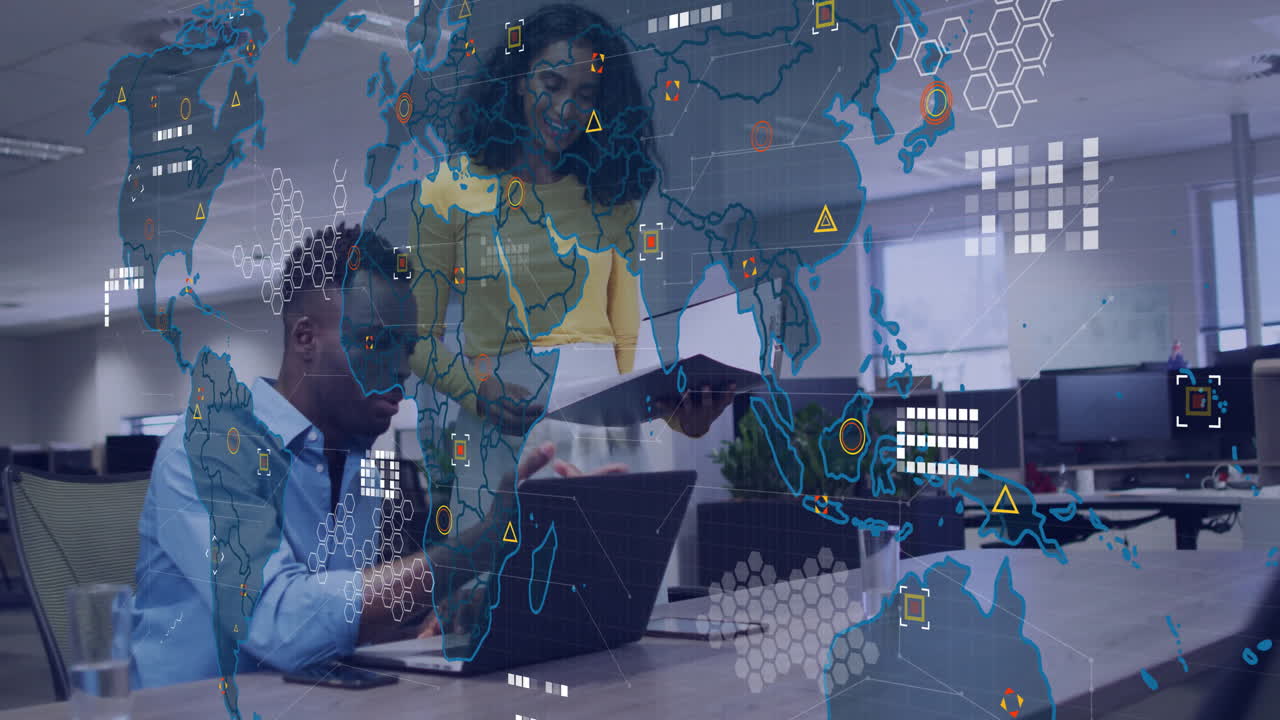 Animation of financial data processing over diverse business people in office