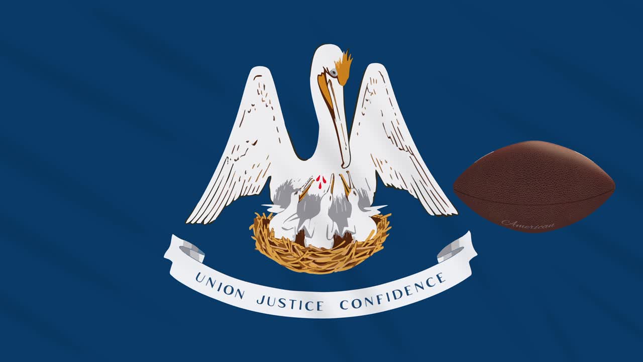 la bandera de luisiana agita y la pelota de fútbol americano gira, en bucle