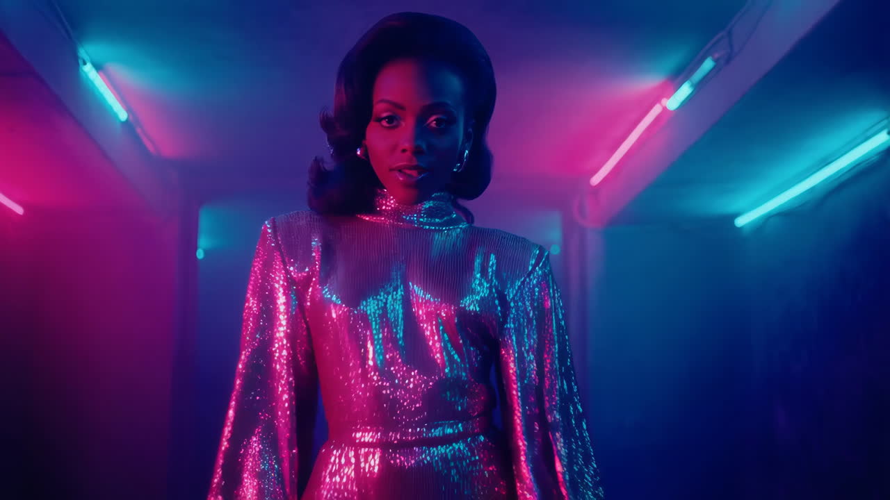 Donna in abito scintillante sotto luci al neon