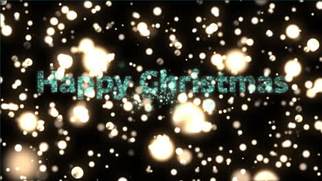 animation of happy christmas text, fireworks and glowing stars