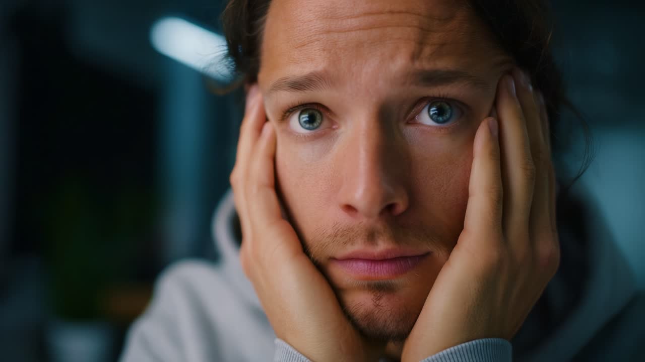 Expressive emotional reactions captured in two frames, showcasing a person's intense concern and apprehension through facial expressions and body language amidst a subdued background