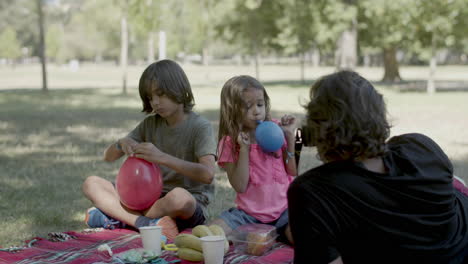 vista trasera de un padre con discapacidad tomando fotos de niños en un picnic