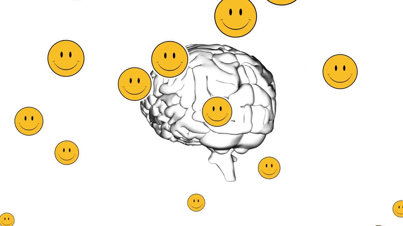 여러 개의 미소 짓는 얼굴 아이콘이 인간의 뇌 아이콘 위에 떠다니고  ⁇  배경에 회전하고 있습니다.