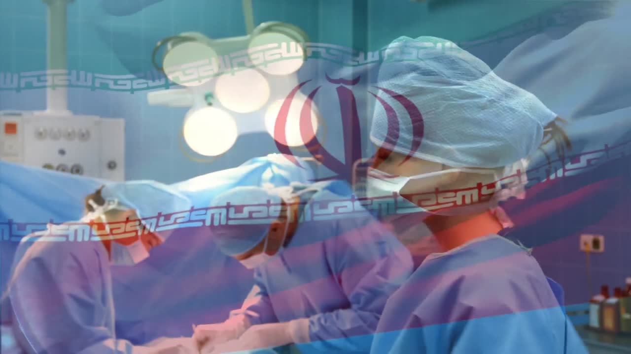 수술실에서 외과의사 위에 날아다니는 이란 국기의 애니메이션