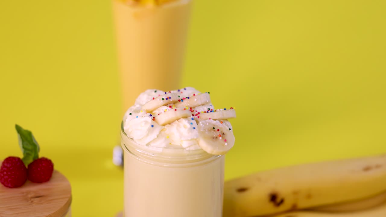 Hand places striped straw into creamy banana milkshake topped with whipped cream and sprinkles