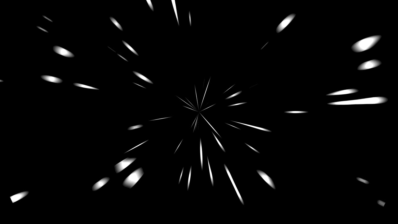 A unique matte black and white cartoon style transition, simulating a tunnel or fast moving particles