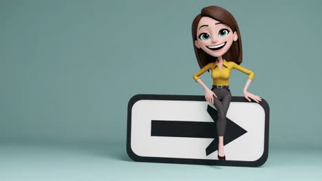 3d animated businesswoman character with right arrow sign
