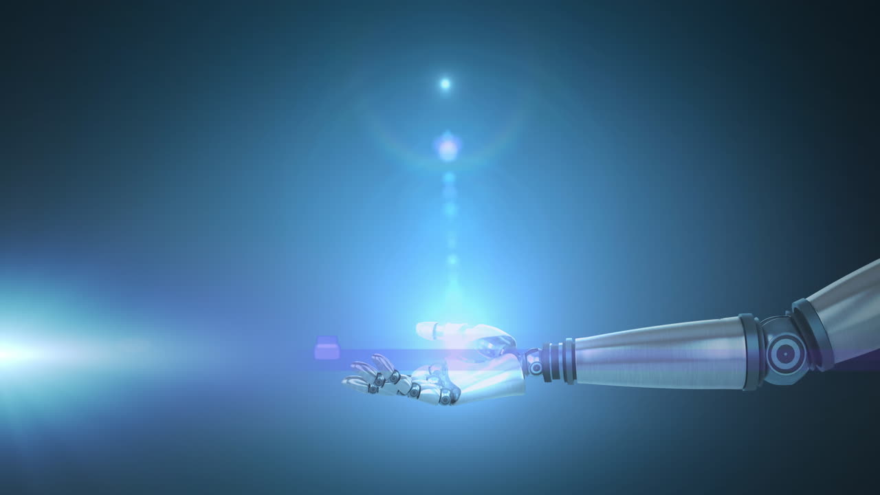 파란색 배경에  ⁇ 은 로 ⁇  팔의 손 위에 파란색 빛의 플레어의 애니메이션