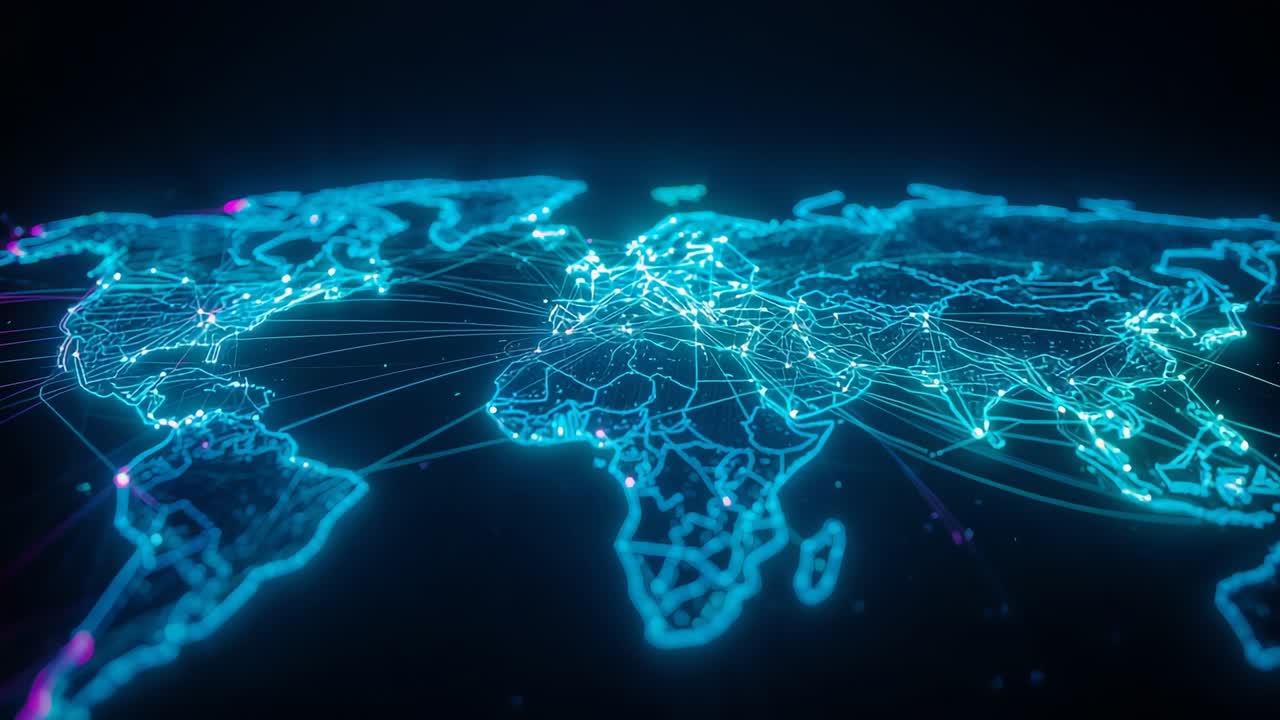 Initiating neon-blue wireframe map in black void, lighting nodes, animating links, pulsing data