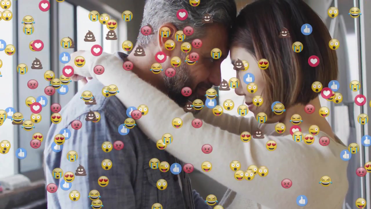 Couple hugging by windows, sparking social media emojis swirling gradually then receding