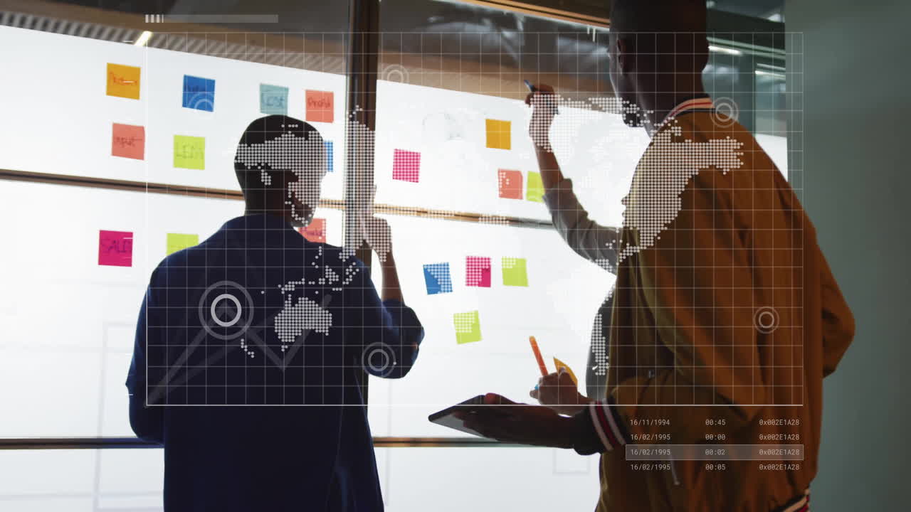 Animation of financial data processing over diverse business people in office