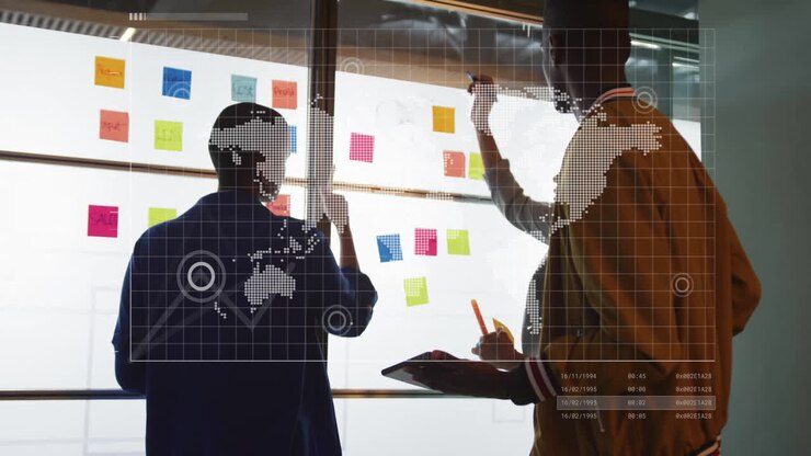 Animation of financial data processing over diverse business people in office