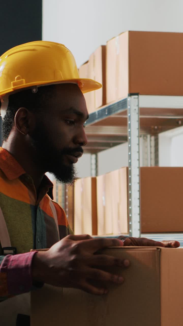 Vertical video: Warehouse employees preparing merchandise packs