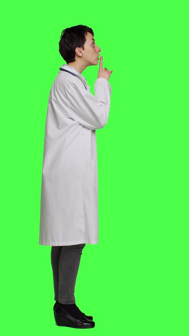Medico di base che mostra il simbolo del silenzio per stare quieto e mantenere il segreto