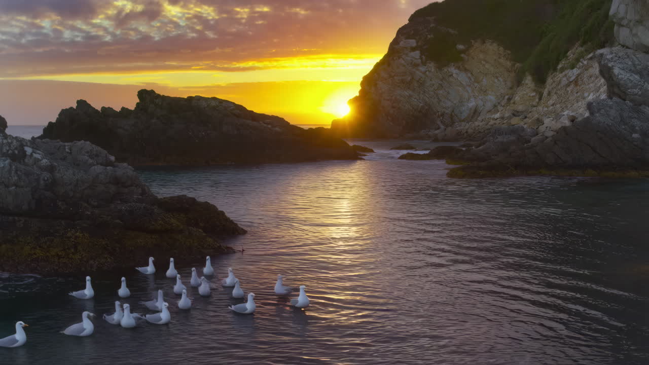 Seagulls Soaring Over a Rocky Coast at Sunset