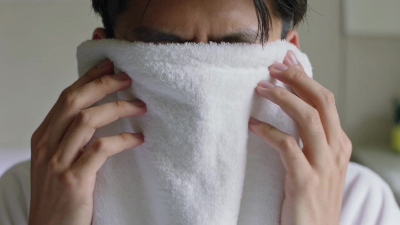 白いバスローブを着た男性が、自宅で洗顔後にテリータオルを顔に押し当て、肌を乾かしている。