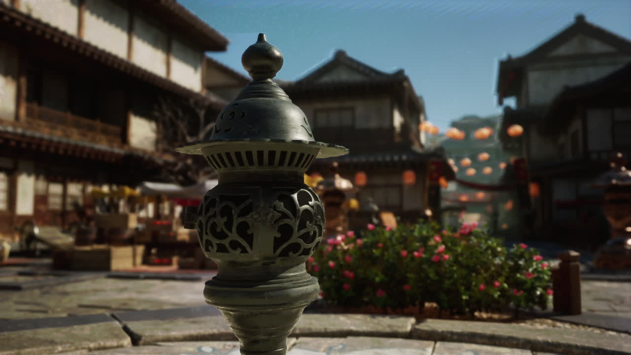 antigua escena callejera de la ciudad asiática con quemador de incienso