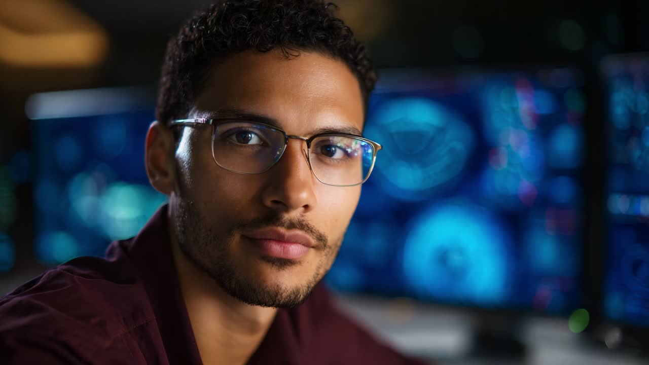 A focused individual with glasses, exuding confidence and approachability, poses in front of multiple high-tech computer monitors displaying vibrant data analytics, reflecting a modern workspace ambiance