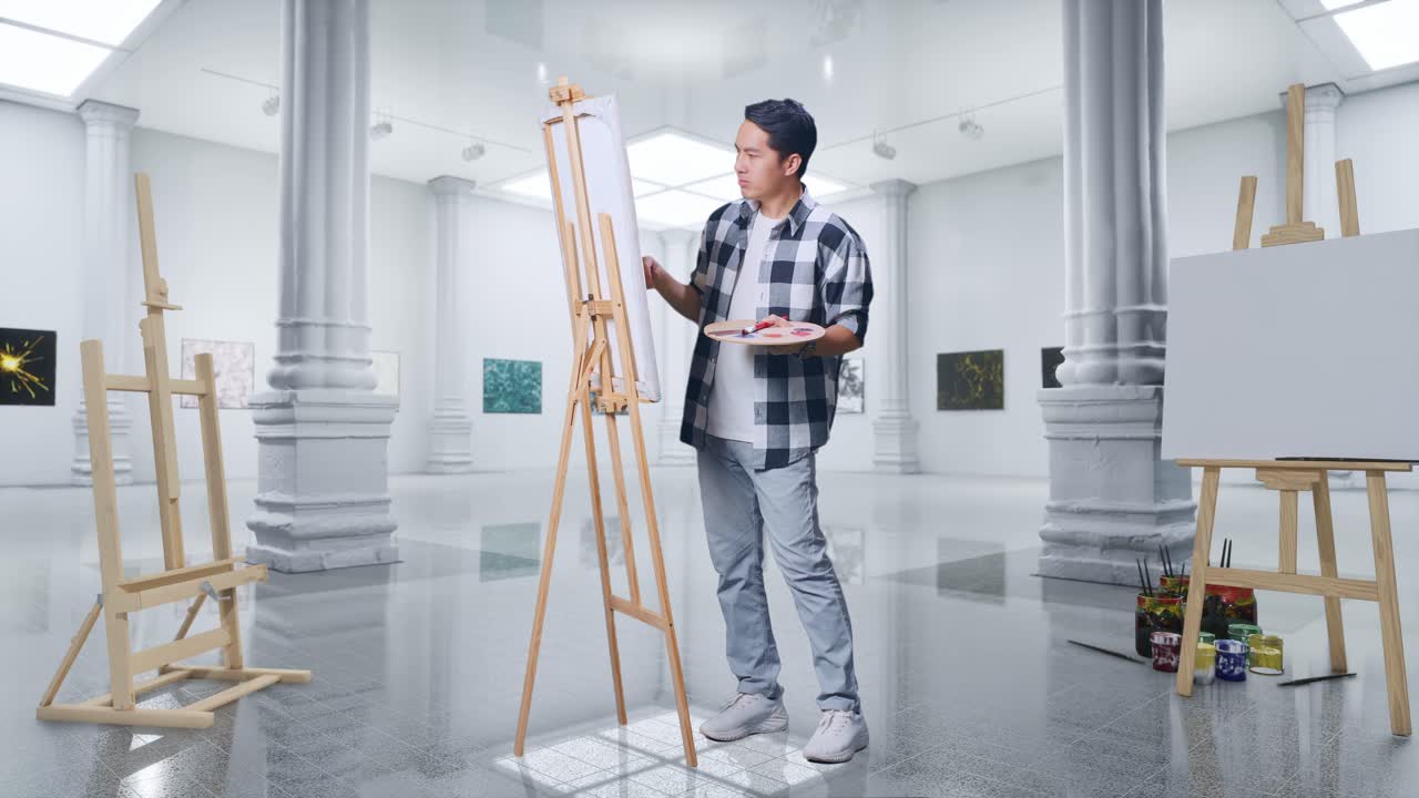 갤러리에서 화가 그림을 그리는