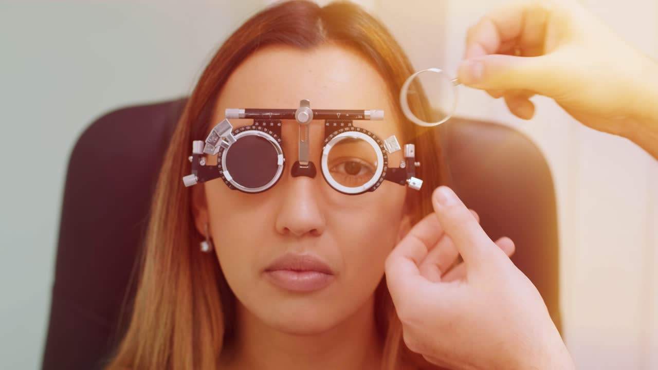 optometrista masculino con marco de prueba comprobando la visión de una mujer hermosa en la clínica ocular