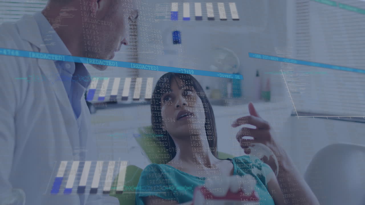 Doctor leaning over patient in medical clinic, with digital holographic charts overlaying scene