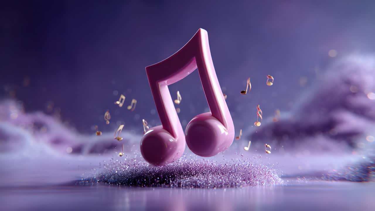 A Vibrant Musical Scene Featuring a Pink Musical Note Surrounded by Sparkling Particles, Creating a Dreamy and Enchanting Atmosphere of Sound and Artistry