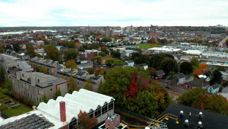 Stunning-aerial-flyover-shot-of-the-East-End-in-Portland,-Maine