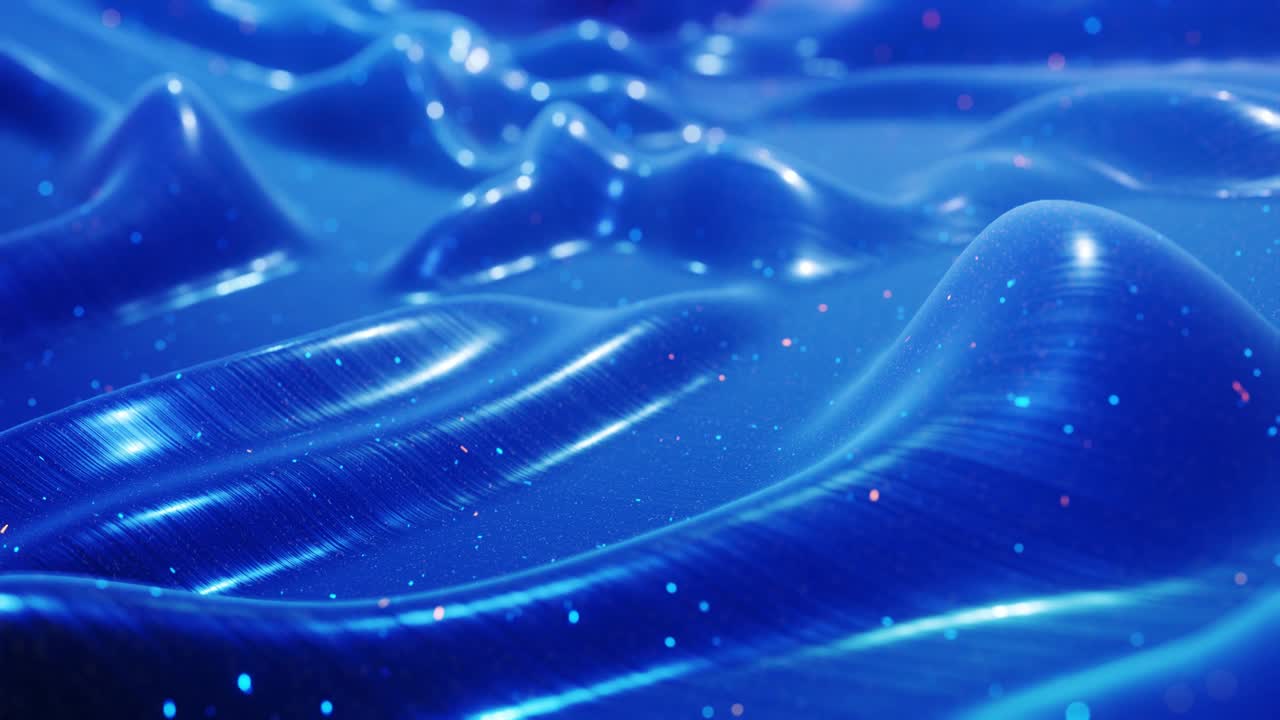 fantastical festive blue bg. Stylish abstract looped background, waves move on glossy surface like landscape made of liquid blue wax with sparkles. Beautiful soft background with smooth animation 4k
