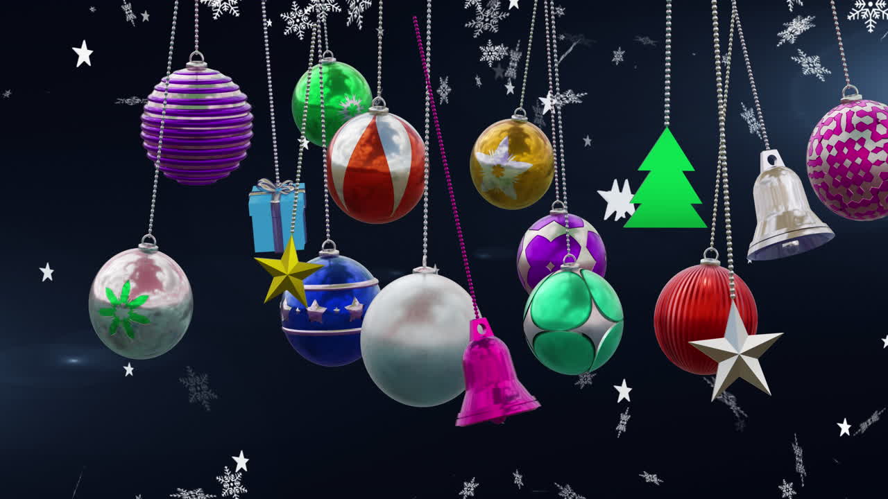 animación de bolas de navidad y nieve cayendo sobre un fondo azul