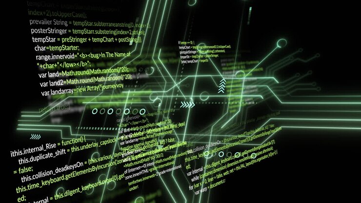 Animation of binary coding and data processing on black background