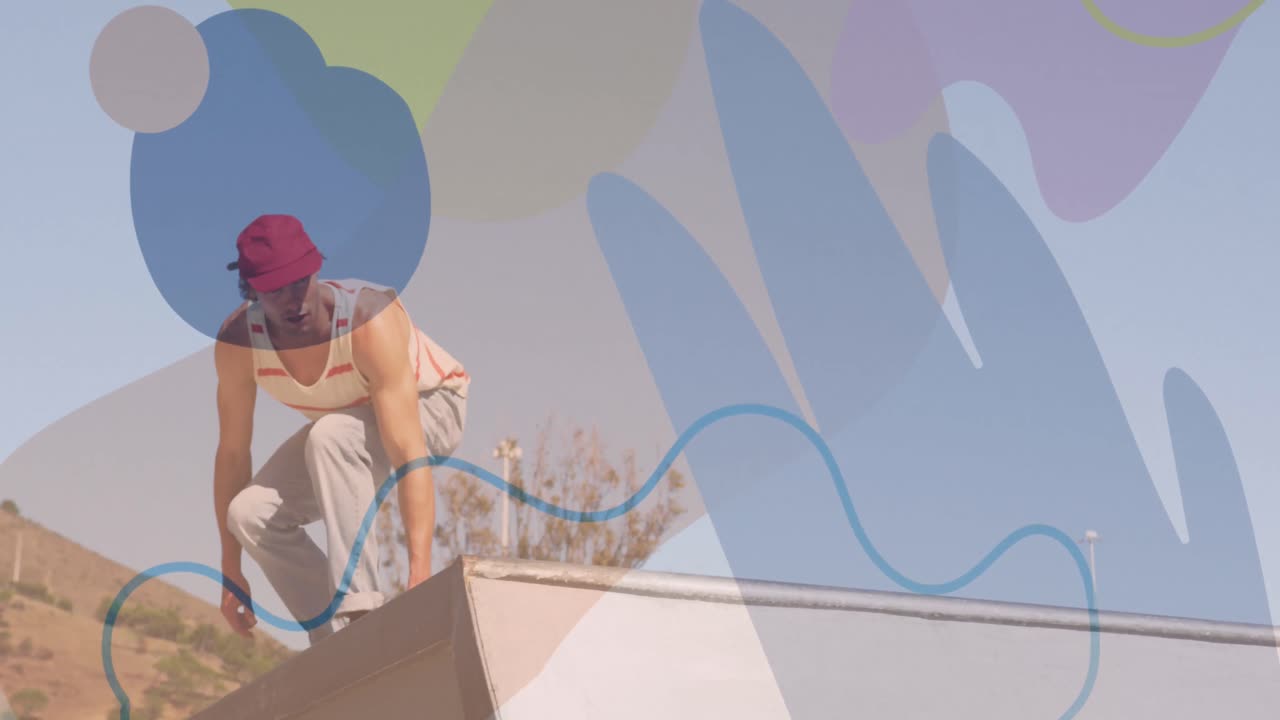 하 ⁇ 색 남자 스케이트보딩 위에 다채로운 모양의 애니메이션