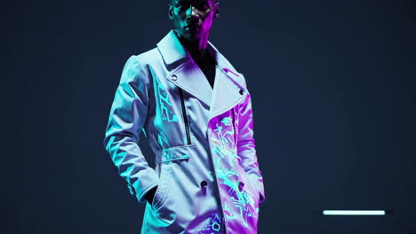 man in futuristic neon trench coat