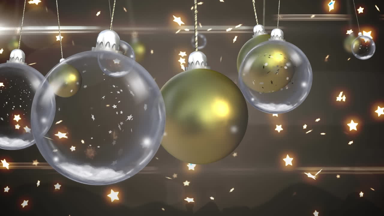Animazione di palline di Natale sospese sopra stelle che cadono su sfondo marrone.