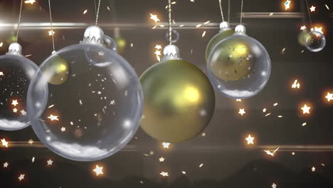 animación de bolos de navidad colgando sobre las estrellas que caen sobre un fondo marrón.