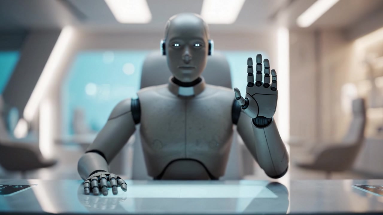 Un robot futuristico seduto davanti a un'interfaccia elegante e moderna, pronto a interagire, mettendo in mostra tecnologia avanzata e l'incarnazione dell'intelligenza artificiale in azione.
