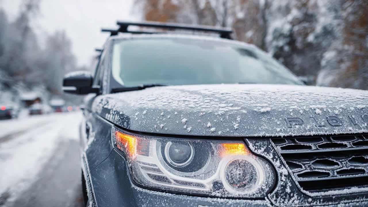 A rugged vehicle experiences the chill of winter, showcasing its robustness against a backdrop of snow-covered scenery and frosty conditions in the wilderness