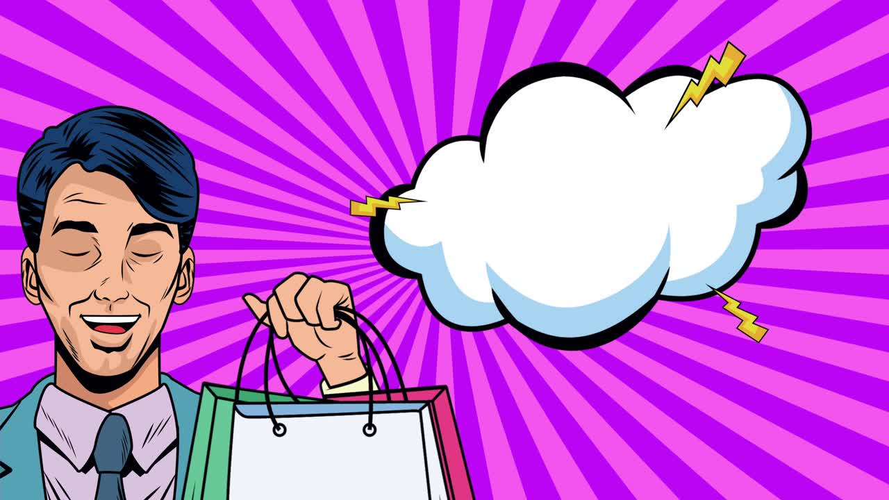 쇼핑 가방을 들고 있는 사업가 팝 아트 애니메이션