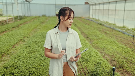 Woman,-farming-and-tablet-in-greenhouse