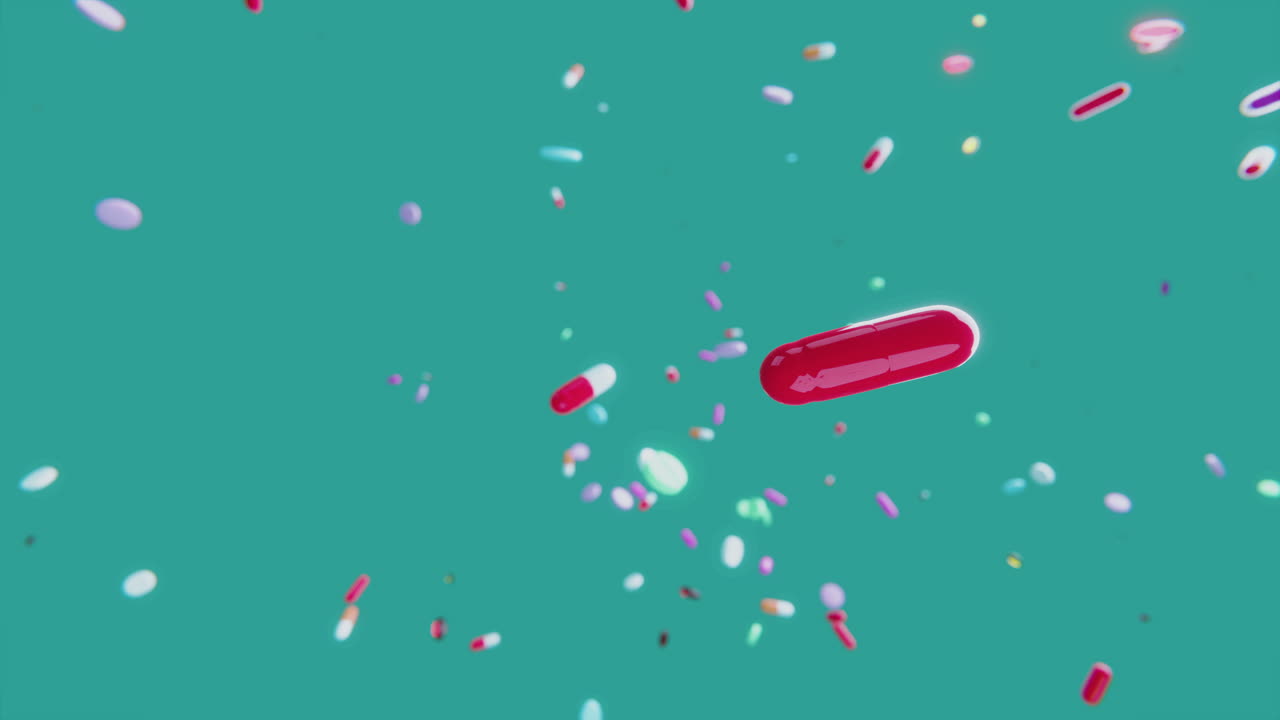 Pillole e medicine che volano nell'aria.