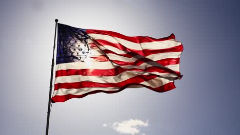 united states of america flag waving in the wind high above with blue sky background