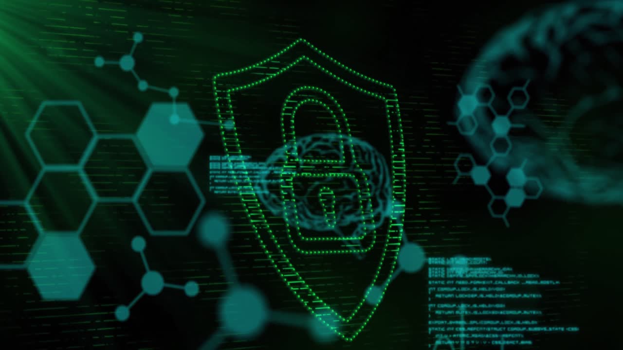 animación del símbolo del candado de punto verde, con información y procesamiento de datos en negro
