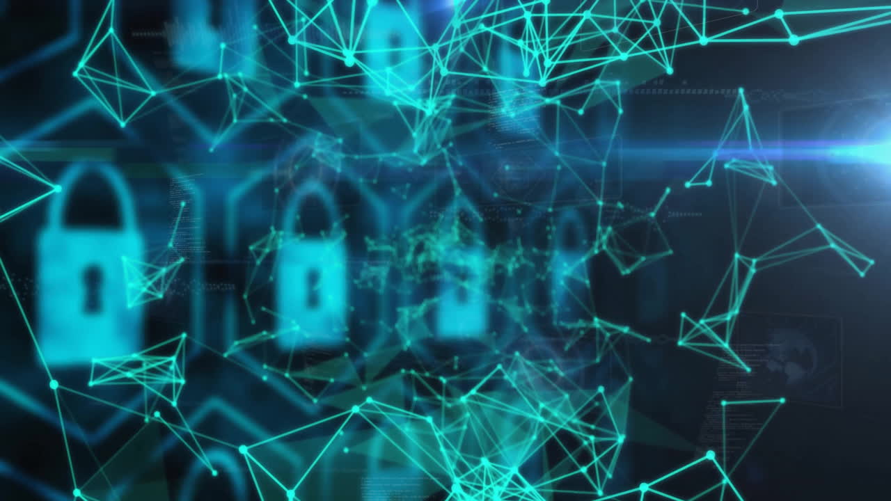 animación de iconos de candados y procesamiento de datos a través de placas de circuitos